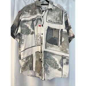 VTG Goouch Shirt Mens Large Multicolor Linen Button Up Short Sleeve Abstract Art